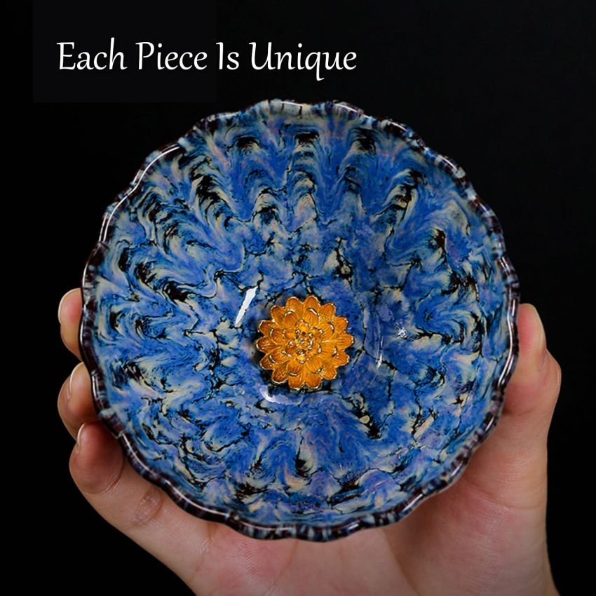 Enchantia Handmade 3D Chinese Kungfu Tea Cup, Beautiful Ceramic Tenmokus Jianzhan Tea Cup, Bottom Golden Lotus Cup With Gift Box - 4.2 Oz,Golden peacock