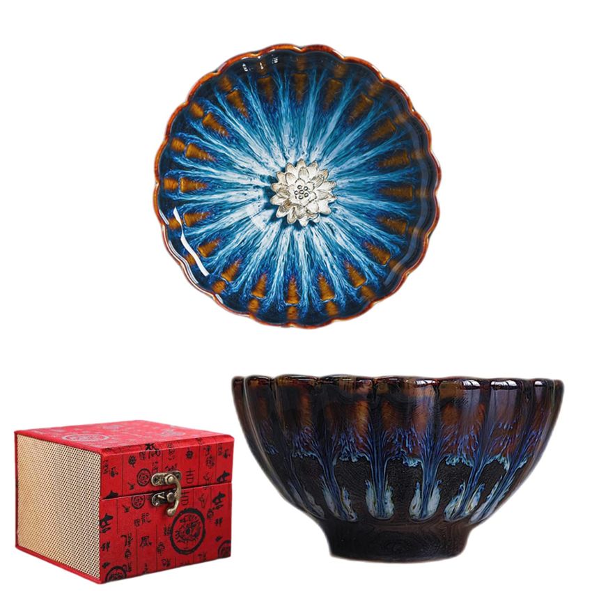 Tenmoku Glaze Kiln Change Jianzhan Tea Cup - 4 oz Silver Inlaid Chinese Kungfu Tea Cup Lotus Tea Cup Dragon Teacup (Lotus)