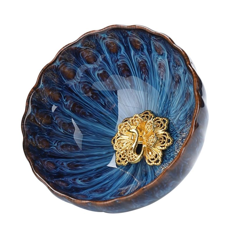 Jianzhan Tenmoku Tea Cup with Golden Peacock, 3D Chinese Kungfu Tea Cup Traditional Crafts Fired in Kiln