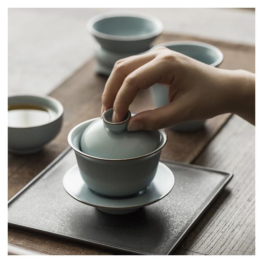 Azure Porcelain Tea Tureen Ru Kiln Sancai Cover Bowl Household Tea Maker Cup Saucer Can Raise Kungfu Teaset, 9.8cm, Blue