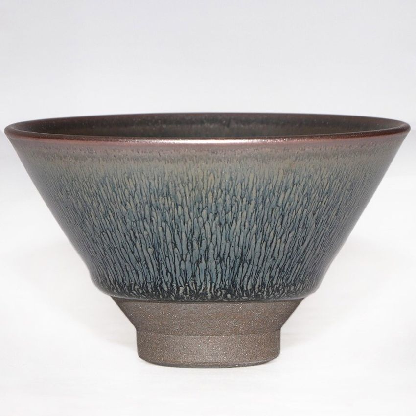 Tenmokus Jianzhan Tea Cups with Silver Hare's Fur Glaze, Handmade 3.72oz / 110ml Porcelain, Chinese Traditional Kiln Fire Skill Tenmoku Pottery Tea Bowl - Douli Shape