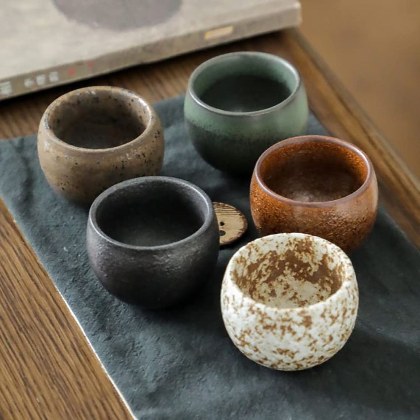 Chinese Tea Cups,Tenmoku JianZhan Handmade Ceramic kung fu Tea Cup Anti-Scald Wide Mouth Teacup,Tea Bowl,Ceramic Mate CupSet of 5 (5 Colors) A02