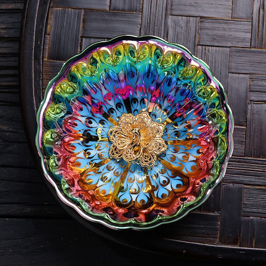 JianZhan tenmokus tea cup Ceramic Handmade TeaCup inlay Teacup Kungfu Tea Cup Master Teacup (Color : Golden Peacock)