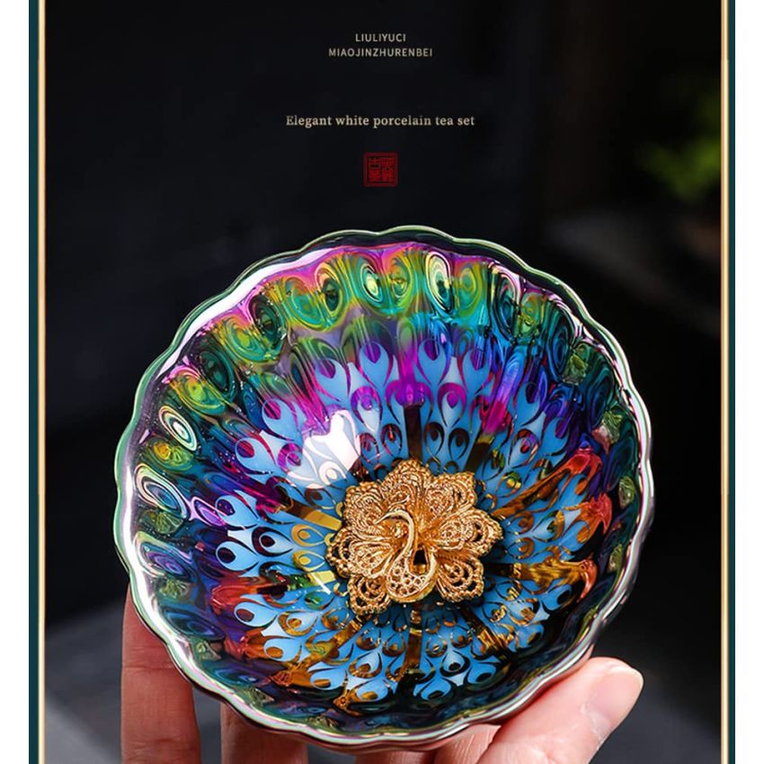 Beautiful Colorful Glaze Ceramic Tenmoku Tea Cup Handmade JianZhan Chinese Teaism Kungfu Tea Cup Tea Set with Gift Box(Gold Peacock)