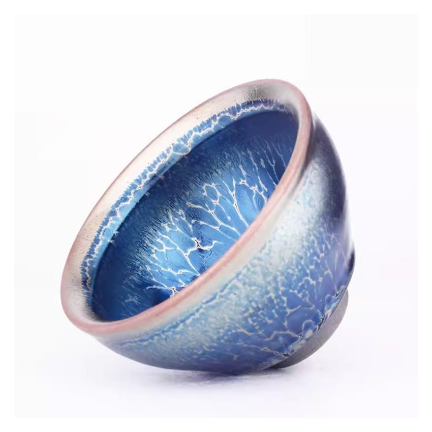 Unique Teaware, Jianzhan Tenmoku Ancient Kiln Fired Blue Ceramic Mug Chinese Kungfu Tea Cup Handmade Porcelain Tea Bowl