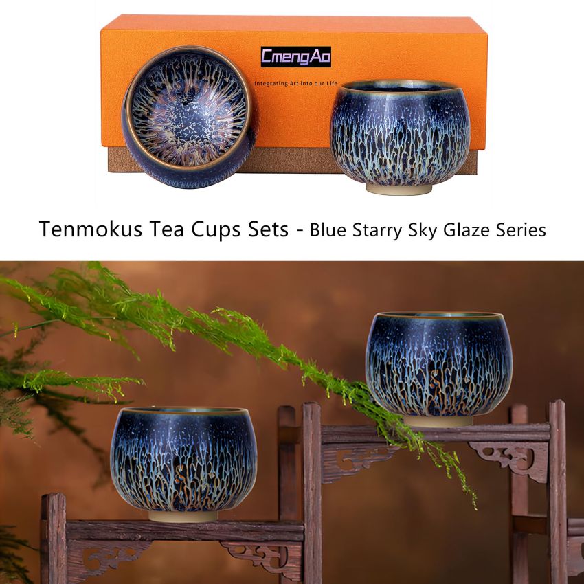 Tenmokus Tea Cups - Blue Starry Sky Glaze Series, Handleless Design Ceramic Jianzhan Tea Bowl, Chinese Small Kungfu Tea Cups, Set of 2 (5.4 oz)
