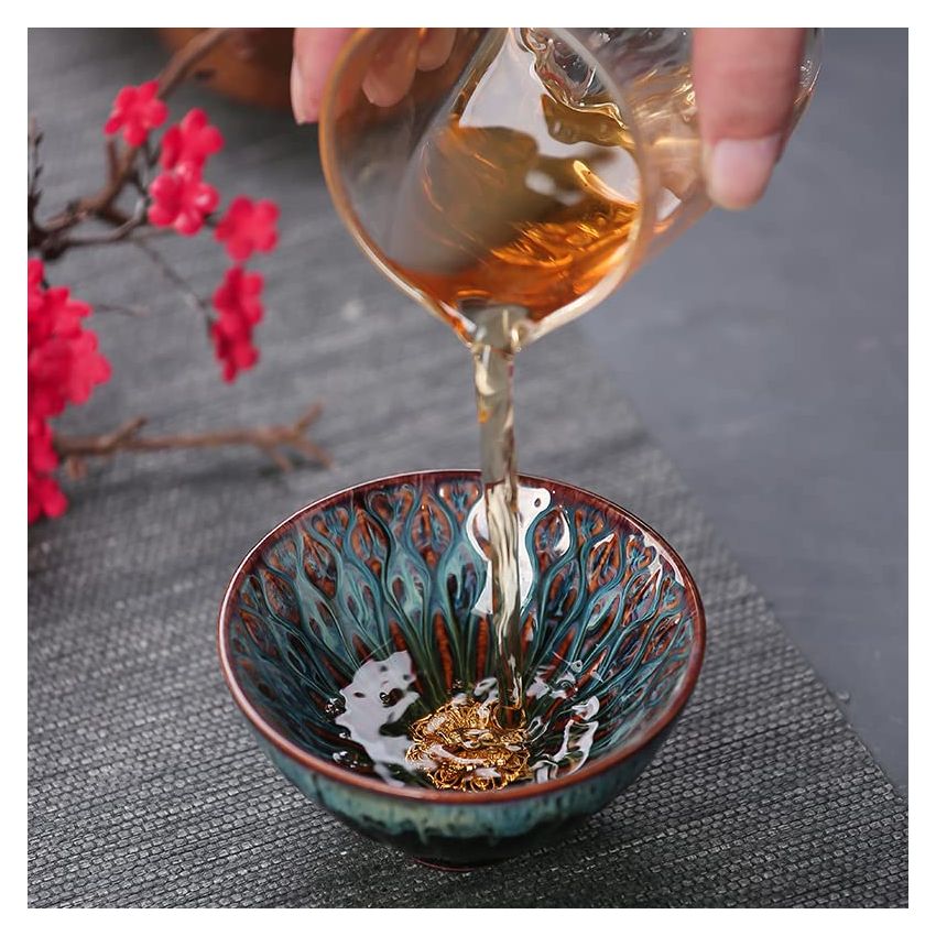 JianZhan Tenmoku Ceramic Handmade TeaCup Porcelain Teacup Kungfu Tea Cup Tenmoku Teacup Master Teacup Ceremonial Matcha Tea Mug Shape,Peacock