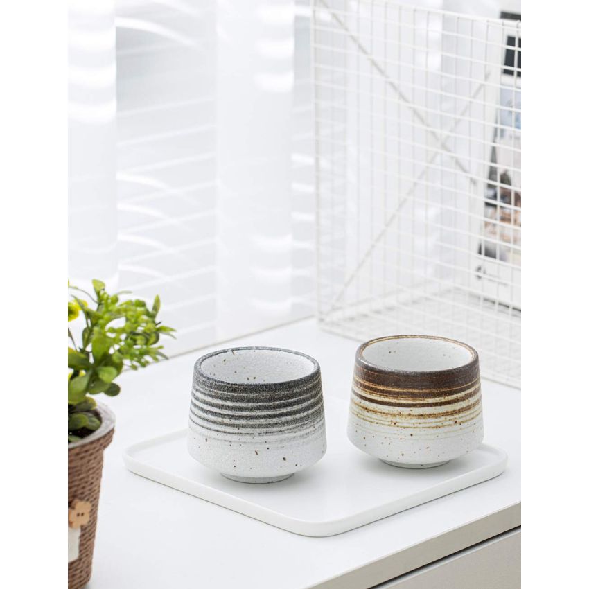 TANG PIN Handcrafted Ceramic Tea Cups Chinese Kung Fu Tea Cup Set of 2, Coffee Mugs for Cappuccino, Ceramic Sake Cups, 6 OZ (Black & Brown)