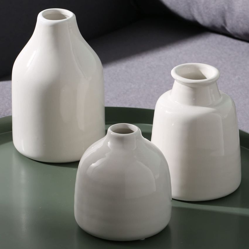 Small White Vase Set of 3 for Modern Home Decor,Ceramic Vases for Centerpieces White Flower Vases for Living Room Wedding/Dinner Table/Party -White