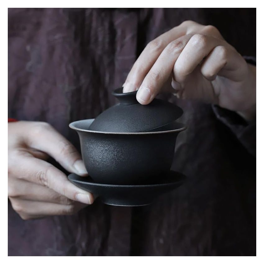 Black Pottery Covered Tea Cup Ceramic Tea Brewing Bowl