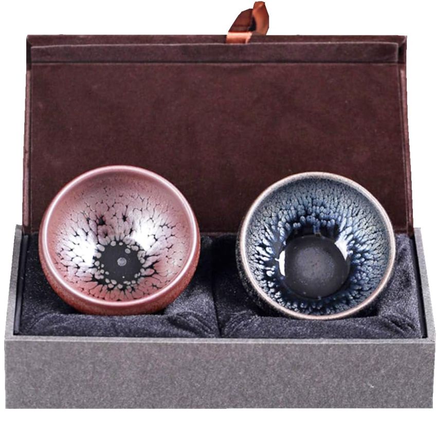 HAPPYDOG JianZhan Tenmoku Tea Coffee Cup Bowl Chinese Crafts Mug Designer Collection Ceremony Ancient Style Handmade (Mixed 2 colors gift box)