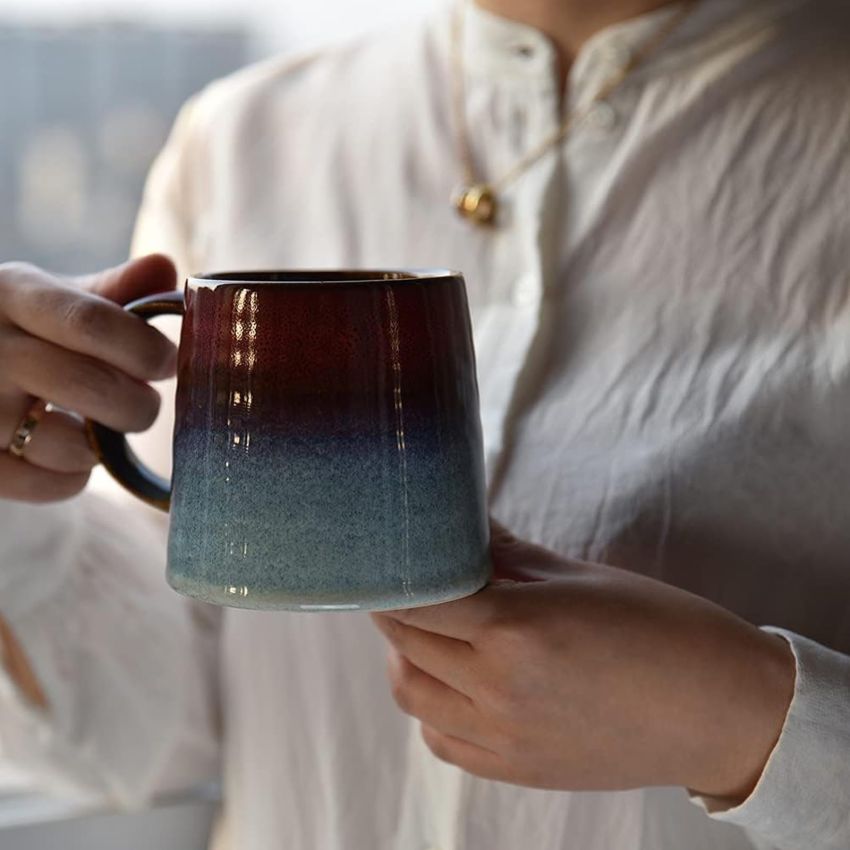 16oz Large Ceramic Coffee Mugs, Transmutation Glaze Craft, Handmade Pottery Mug,Tea Cups with Handle for Office and Home,for Men and Women, Dishwasher and Microwave Safe (Black Red)