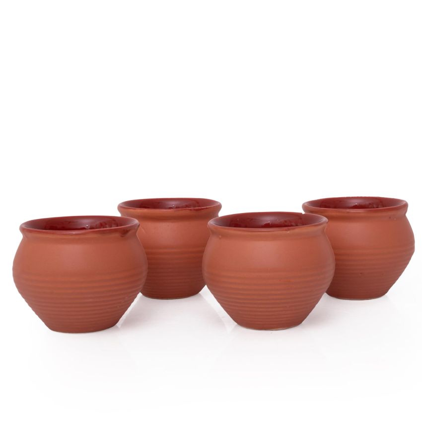 Handmade Traditional Kulhar Kulhad Chai Tea Coffee Mug Cup Cantaritos Set of 4 Glazed Earthenware Glossy Finish Clay Terracotta Artisanal Studio Pottery Mud Brown Food Safe Natural Rustic Eco-Friendly