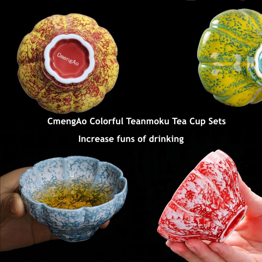 4 Pcs 4 Colors Tenmoku Glaze Ceramic Tea Cups Fancy Small Coffee Mug, 4 oz Irregular Ceramic Cups Specially Designed for Women