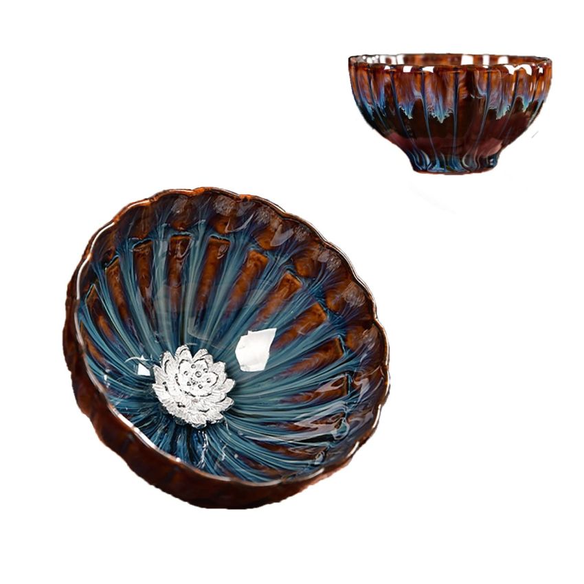 JianZhan tenmokus tea cup Ceramic Handmade TeaCup inlay Teacup Kungfu Tea Cup Master Teacup (Color : Lotus)