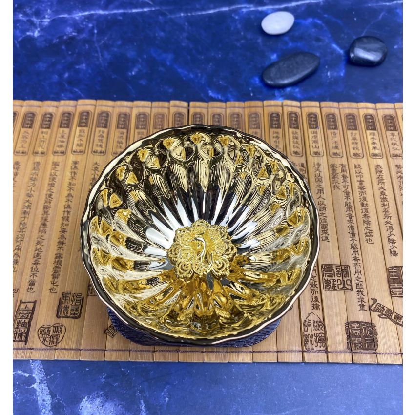 Tenmokus tea cup Master Teacup 5 oz Ceramic Handmade TeaCup inlay Peacock Teacup，3D Peacock Chinese Kungfu Tea Cup