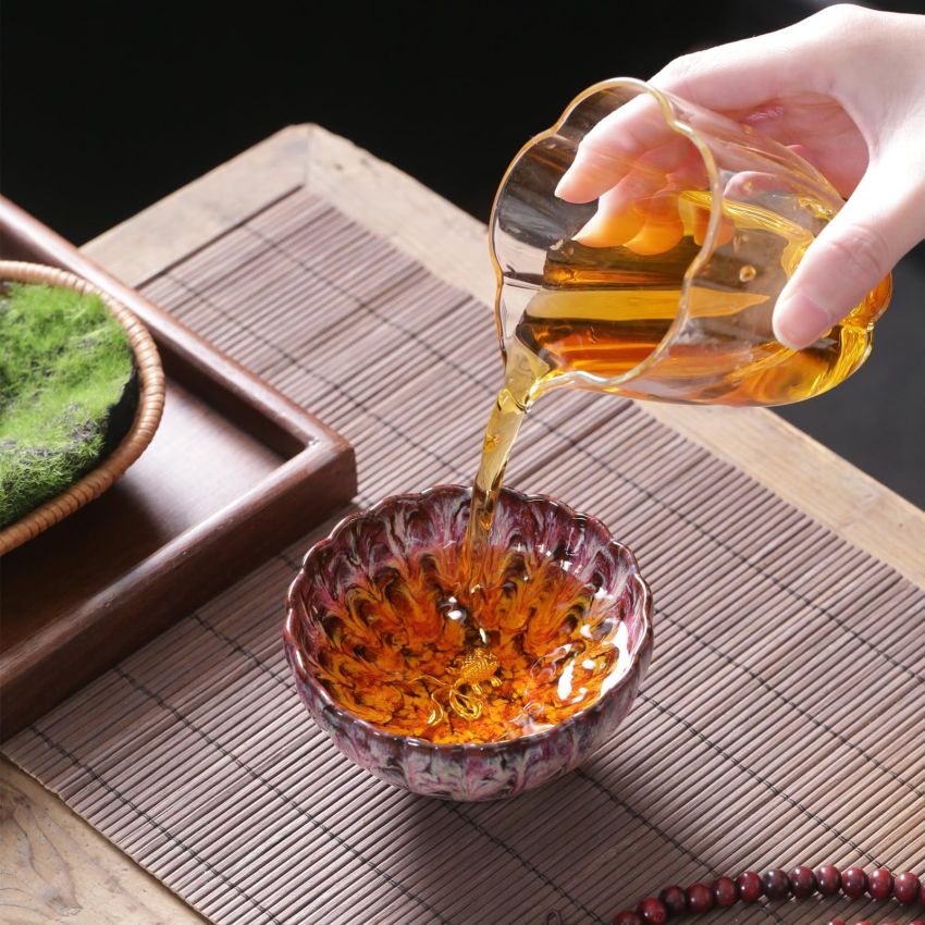 Cherry Blossom Pink Tenmokus Tea Cup, 4 oz Handmade Jianzhan Ceramic Tea Cup, Chinese Small Kungfu Tea Cup with 3d Goldfish Decorations