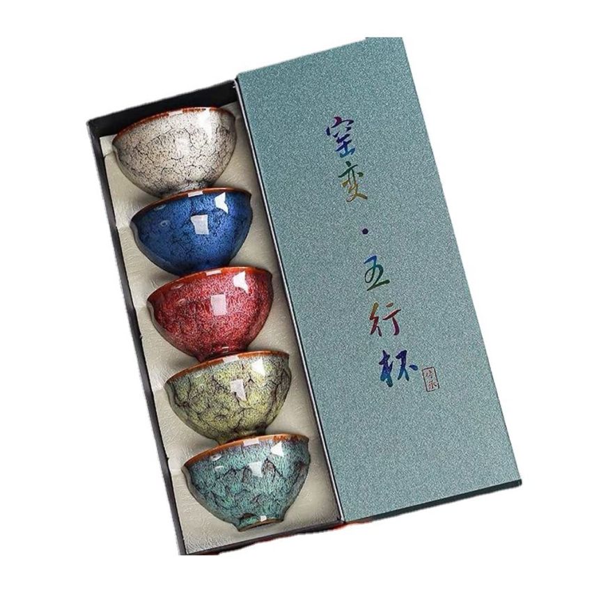 Chinese Tea Cups,Tenmoku JianZhan Handmade Ceramic kung fu Tea Cup Anti-Scald Wide Mouth Teacup,Tea Bowl,Ceramic Mate CupSet of 5 (5 Colors) A05