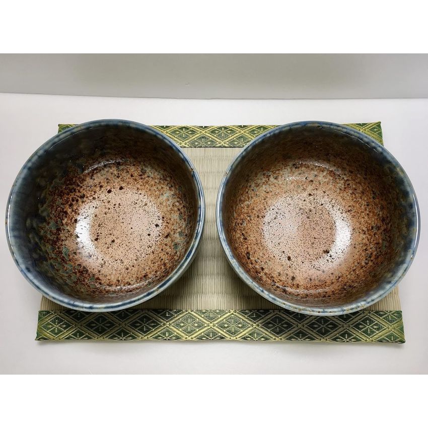 Traditional Japanese Ceramic Bowls, 18.6 Fluid Ounces, Ai Nagashi a Beautiful Combination of Earthy Brown and an Ocean-y Blue Pattern Mino Ware Chawan Set of 2 Made in Japan 54522