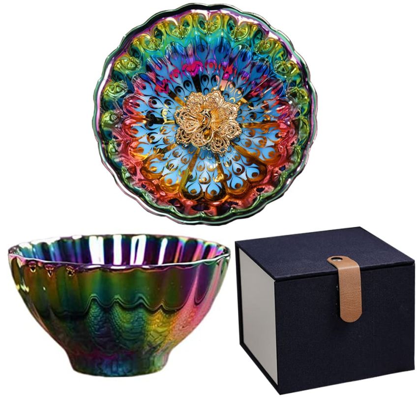 Beautiful Colorful Glaze Ceramic Tenmoku Tea Cup Handmade JianZhan Chinese Teaism Kungfu Tea Cup Tea Set with Gift Box(Gold Peacock)