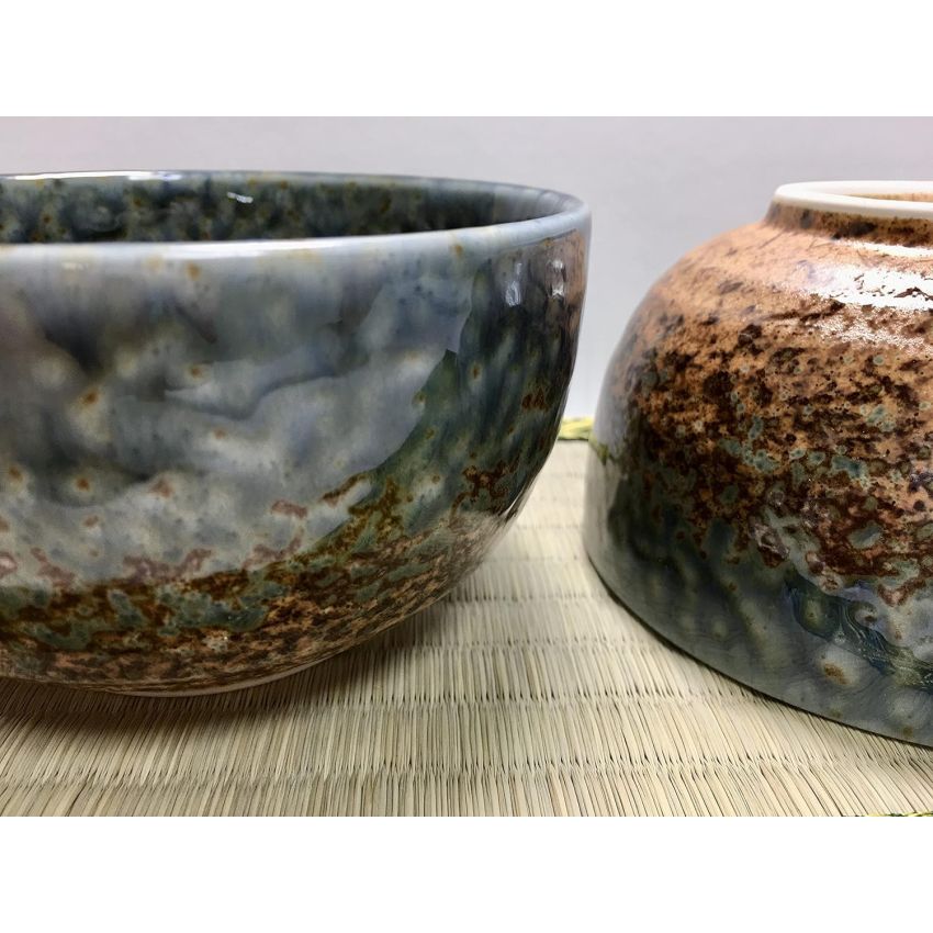 Traditional Japanese Ceramic Bowls, 18.6 Fluid Ounces, Ai Nagashi a Beautiful Combination of Earthy Brown and an Ocean-y Blue Pattern Mino Ware Chawan Set of 2 Made in Japan 54522