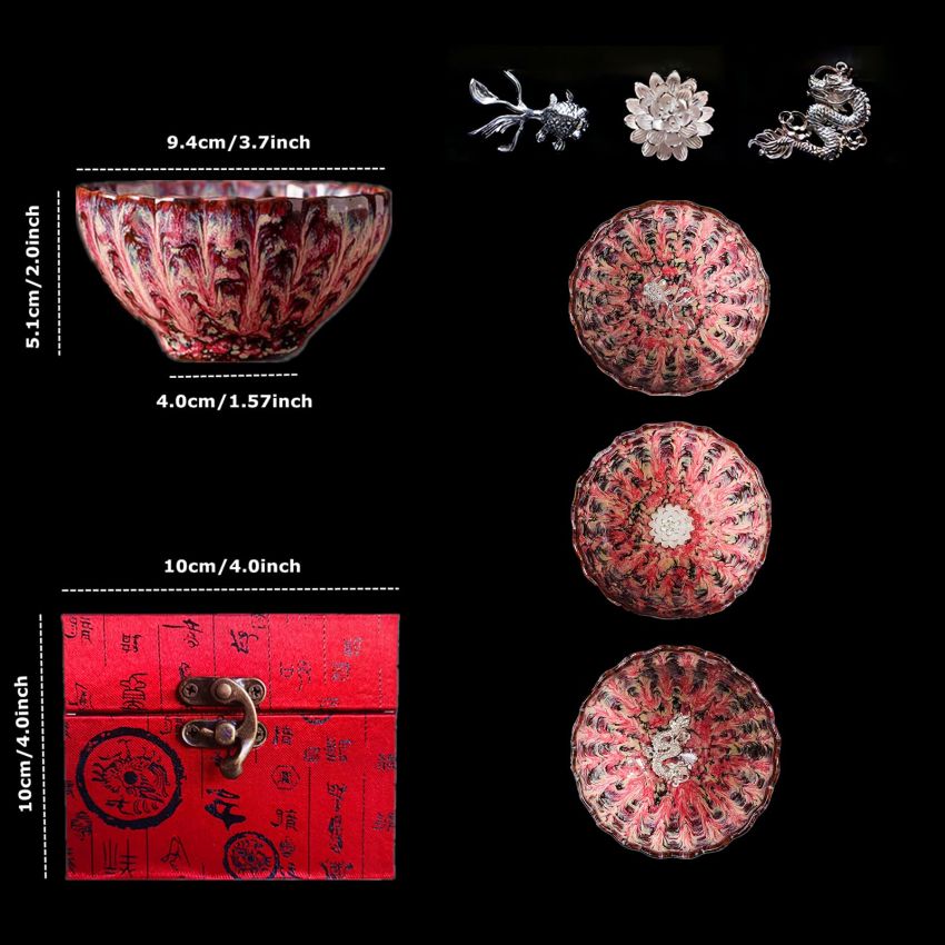 Cherry Blossom Pink Tenmokus Tea Cup, 4 oz Handmade Jianzhan Ceramic Tea Cup, Chinese Small Kungfu Tea Cup with 3d Goldfish Decorations