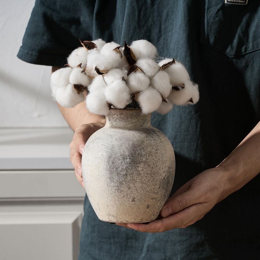 SIDUCAL Ceramic Decorative Flower Vase | 6 Inch Pottery Rustic Farmhouse Vase | Boho Vase for Home Decor | Whitewashed Terracotta Vase for Table, Living Room, Bathroom, Shelf, Mantel Decoration