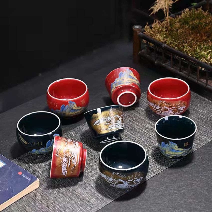Four-piece set of Chinese Japanese tea cups, exquisite patterns, matcha cups, flower tea cups, coffee cups, tea companion cups (160ml R,B)