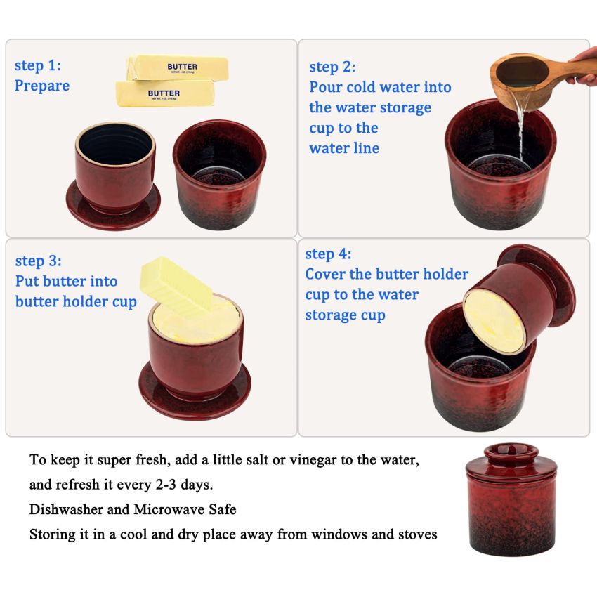 Pottery Butter Keeper Crock Butter Crock Red French Butter Dish Butter Crock For Counter With Water Ceramic Butter Holder Cup To Leave On Counter