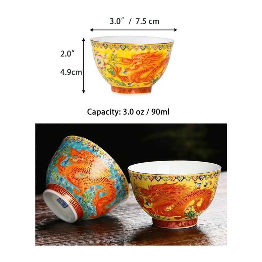 Master Teacup set of 2 tenmokus teacup Kungfu Tea Cup chinese tea set prosperity brought by the dragon and the phoenix Ceramic Handmade Ceremonial Matcha Tea Mug
