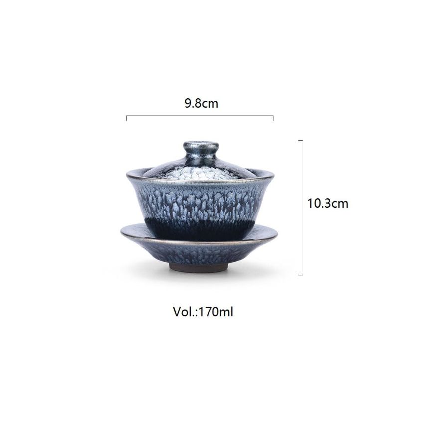 Gaiwan Teaset, Tenmoku Flower Glaze Tea Pot -170ml/5.75oz, Chinese Jianzhan Teacups Porcelain Tea Set