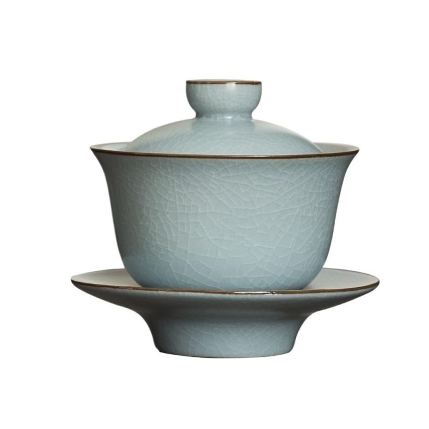 Azure Porcelain Tea Tureen Ru Kiln Sancai Cover Bowl Household Tea Maker Cup Saucer Can Raise Kungfu Teaset, 9.8cm, Blue