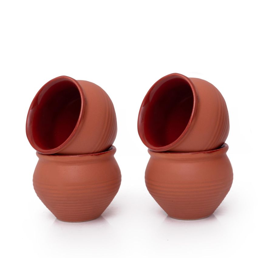 Handmade Traditional Kulhar Kulhad Chai Tea Coffee Mug Cup Cantaritos Set of 4 Glazed Earthenware Glossy Finish Clay Terracotta Artisanal Studio Pottery Mud Brown Food Safe Natural Rustic Eco-Friendly