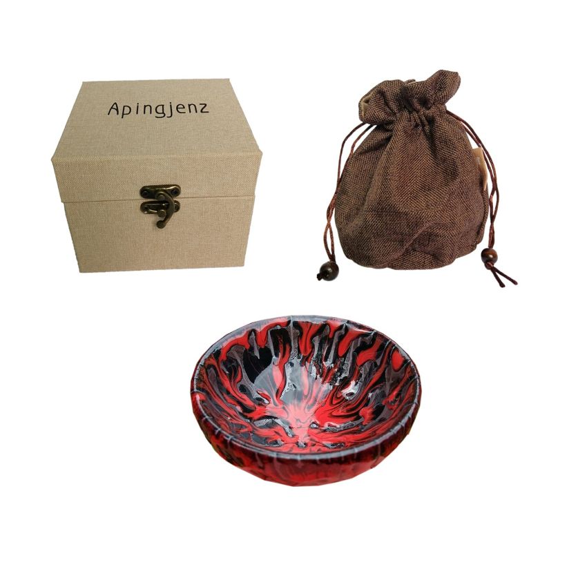 Mythical Beast Unique Chinese Tea Cups Jianzhan+Gift Box Red Smooth Glaze Tenmoku Pottery Bowl Chinese Traditional Kiln Fired Crafts Ø9 x 4.7cm(Ø3.54in x 1.85in)