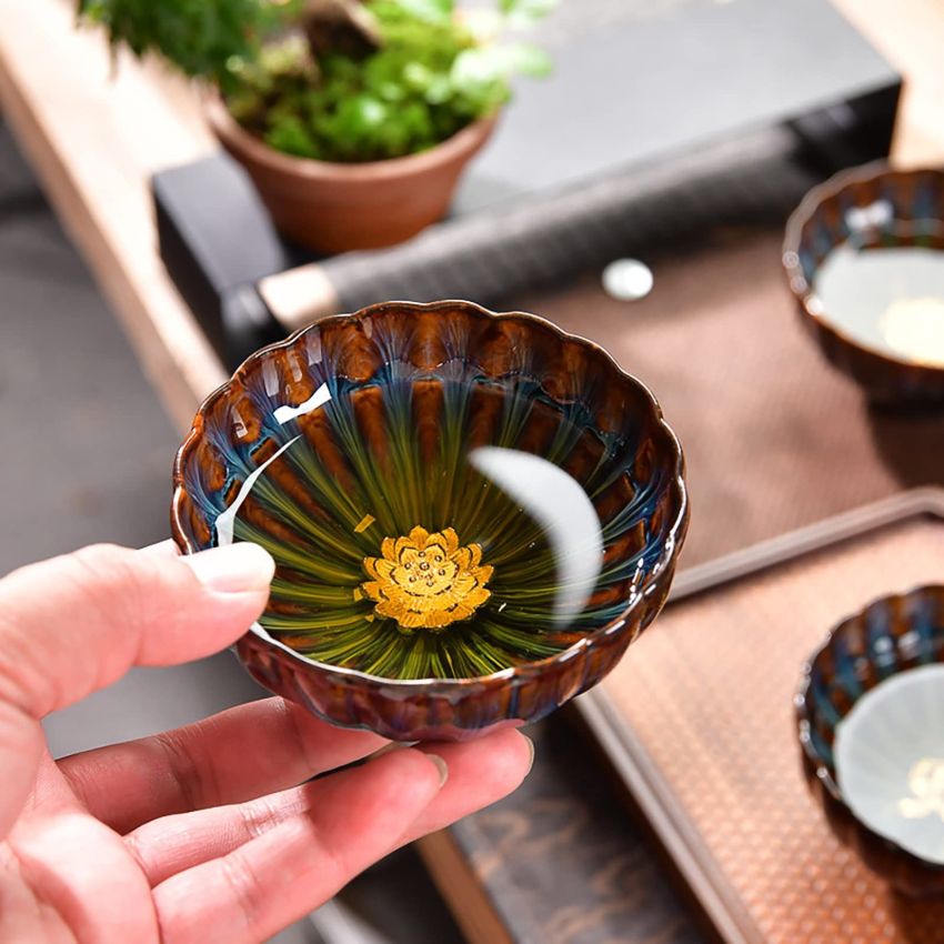 JianZhan tenmokus tea cup Ceramic Handmade TeaCup inlay Teacup Kungfu Tea Cup Master Teacup (Color : Lotus)