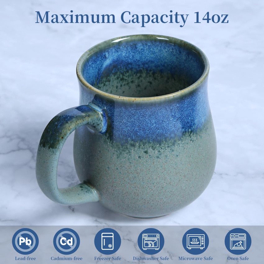 16 Oz Large Ceramic Coffee Mug with Big Handle, Handmade Glazed Tea Cup for Office and Home, Microwave and Dishwasher Safe, Small Coffee Cups for Hot and Cold Drinking (Glacier Blue)
