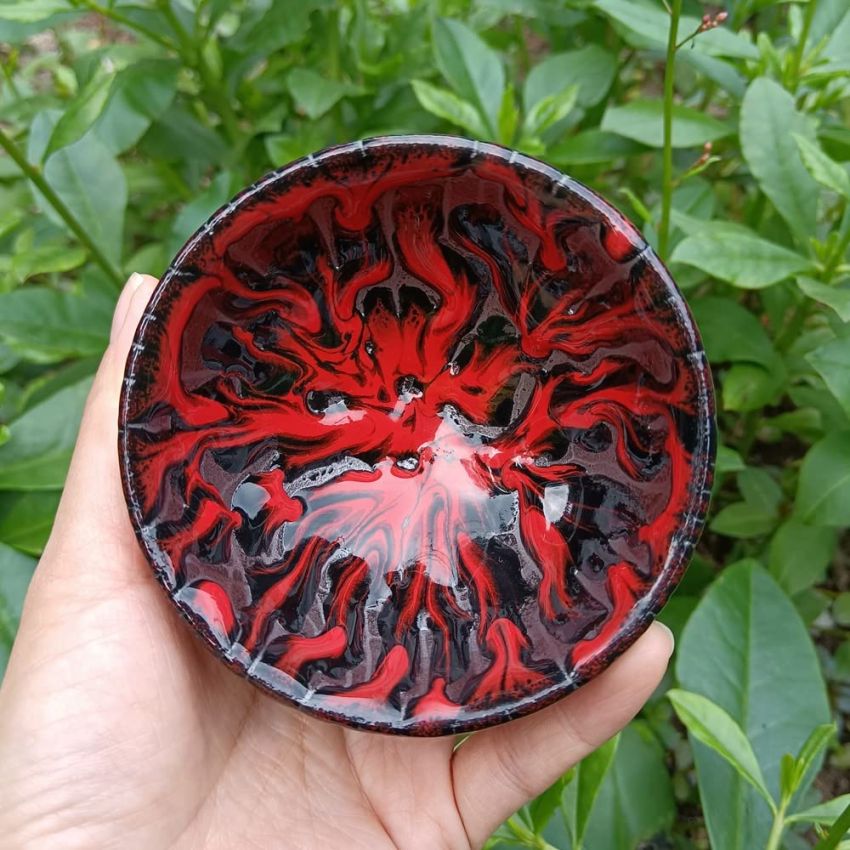 Mythical Beast Unique Chinese Tea Cups Jianzhan+Gift Box Red Smooth Glaze Tenmoku Pottery Bowl Chinese Traditional Kiln Fired Crafts Ø9 x 4.7cm(Ø3.54in x 1.85in)