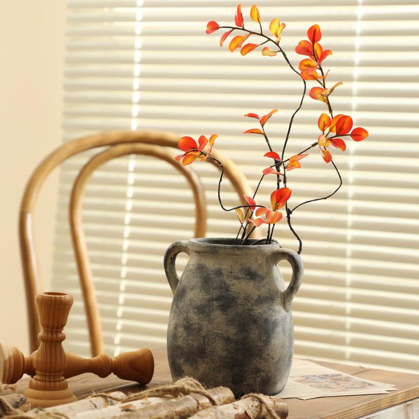 Ceramic Farmhouse Terracotta Vase, Vintage Pampas Grass Vase with 2 Handles, Boho Decor Decorative Vase, Rustic Vase for Home Decor, Living Room, Table, 6 Inch Black Vase