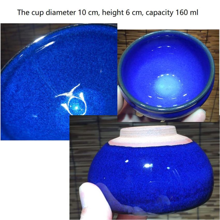 Traditional Handmade Vintage Tenmoku Teaware Artistic Handle Glazes JianZhan Tea Cup Ceramic Cup Gift Large Capacity 160 ml(Lake Blue)