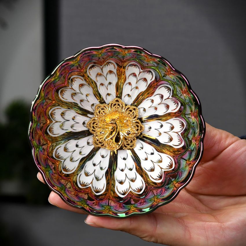 Tenmokus tea cup Master Teacup 5 oz Ceramic Handmade TeaCup inlay Teacup，3D Peacock and lotus Chinese Kungfu Tea Cup (Color : Peacock)