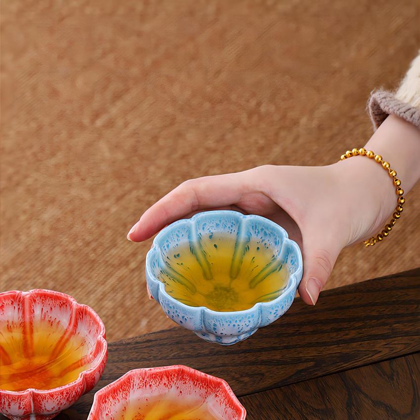 4 Pcs 4 Colors Tenmoku Glaze Ceramic Tea Cups Fancy Small Coffee Mug, 4 oz Irregular Ceramic Cups Specially Designed for Women