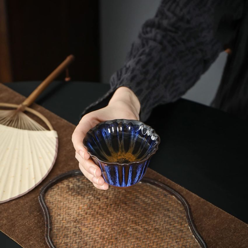 TEANAGOO Tea Cups Tenmoku Jianzhan Blue Symphony A, 2.5 oz / 70 ML, FL08，Tea Cup Set Japanese Tea Set Tea Set Sake Set Traditional Chinese Handmade Porcelain Teacup