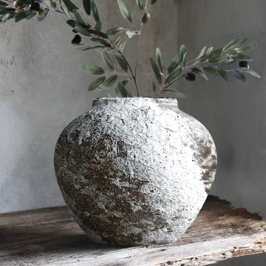 Rustic Ceramic Circular Flower Vase Farmhouse Clay Pottery Large Terracotta Floor Vases for Decorative Centerpiece Vintage Home Decor Aesthetic for Living Room Bedroom Table Entryway