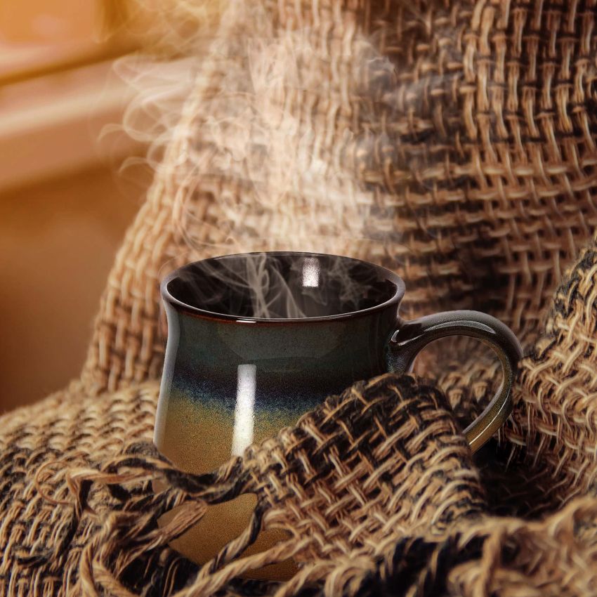 ECODECO Large Pottery Coffee Mug 24 Oz - Oversized Ceramic Cup with Big Handle - 1 Pcs (Blue to Tan)