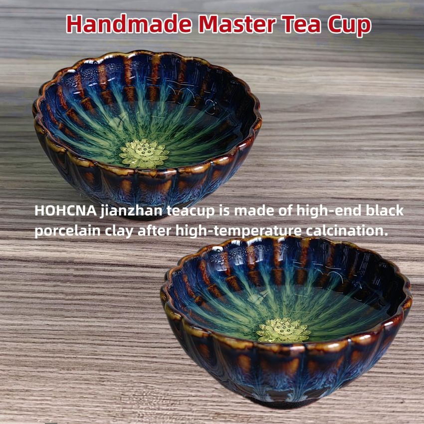 Tenmoku Glaze Kiln Change Jianzhan Tea Cup - 4 oz Silver Inlaid Chinese Kungfu Tea Cup Lotus Tea Cup Dragon Teacup (Lotus)