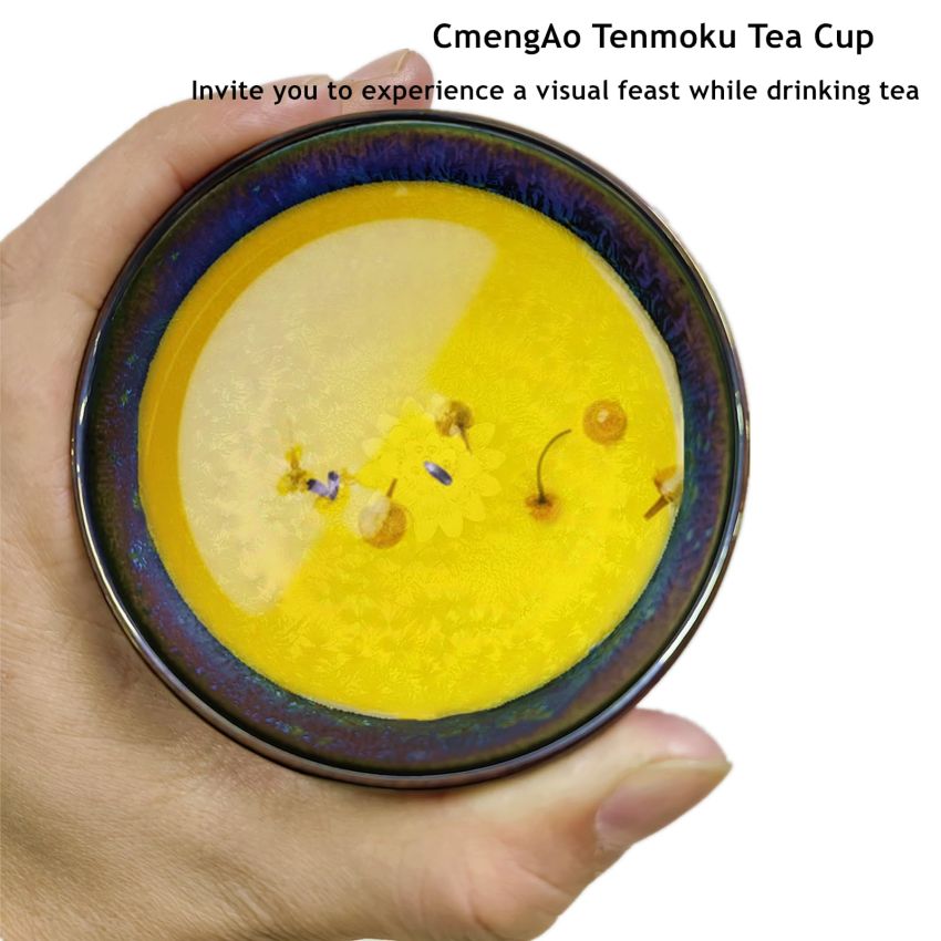 Jianzhan Ceramic Tea Cup, Handmade Peacock Glaze Tenmoku Teacup with 3d Silver Lotus Inlaid, 4 oz Chinese Small Kungfu Tea Cup