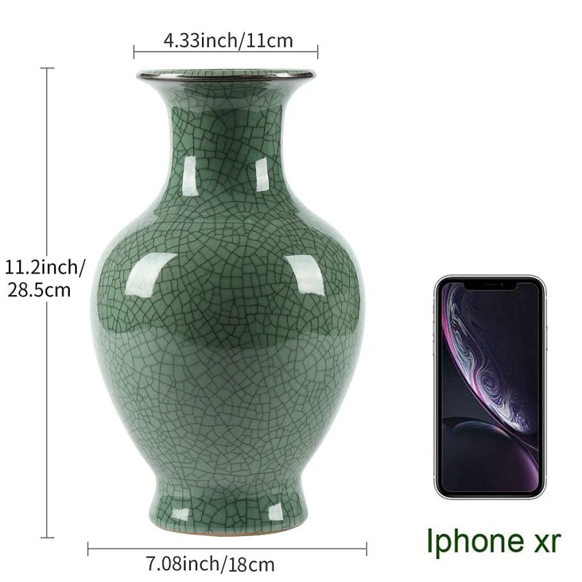 Chinese Ceramic Art Handmade Antique ice Crack Glaze vases Big China Porcelain Flower Bottle Vase for Home Decoration(Green)