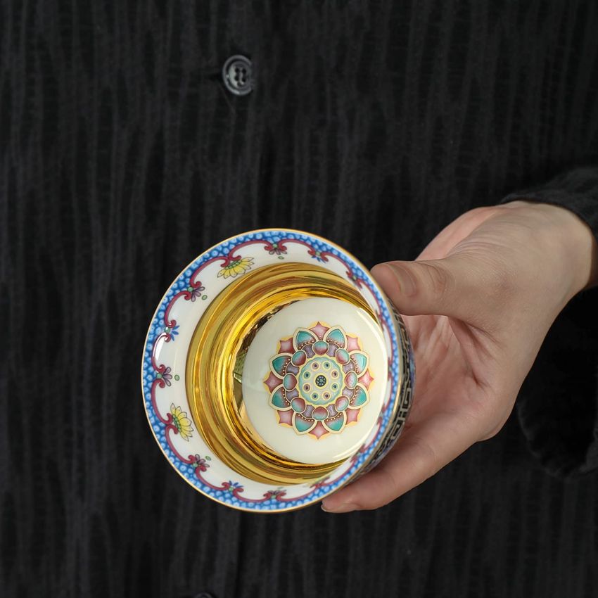 TEANAGOO Tea Cups Tenmoku Jianzhan Lotus vitality, 3.9 oz / 110 ML, FL30-02 ，Gilt Enamel Colorful Tea Cup Set Japanese Tea Set Tea Set Sake Set Traditional Chinese Handmade Porcelain Teacup