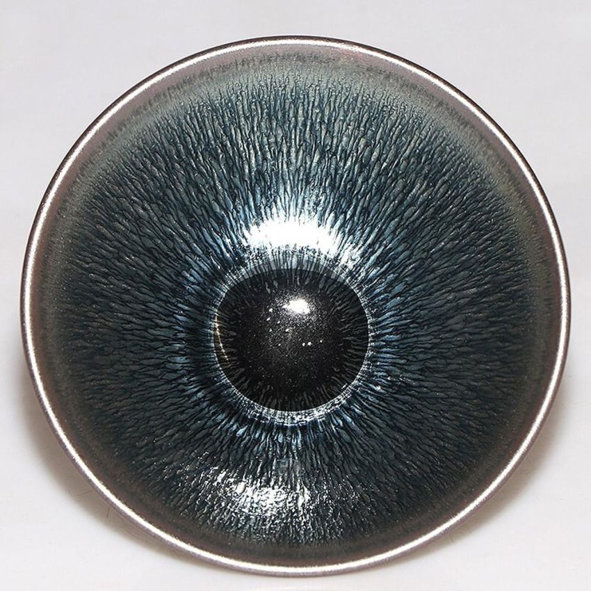 Tenmokus Jianzhan Tea Cups with Silver Hare's Fur Glaze, Handmade 3.72oz / 110ml Porcelain, Chinese Traditional Kiln Fire Skill Tenmoku Pottery Tea Bowl - Douli Shape