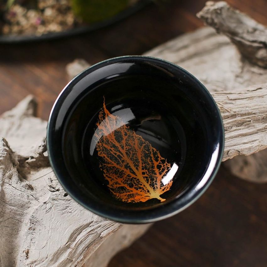 2PCS Chinese Tenmoku Tea Cup,Leaf Jianzhan Bowl Decoration Home,Tenmoku Cups,Chinese Kungfu Ceramic Teacup Set,Christmas New Year Gift for Husband